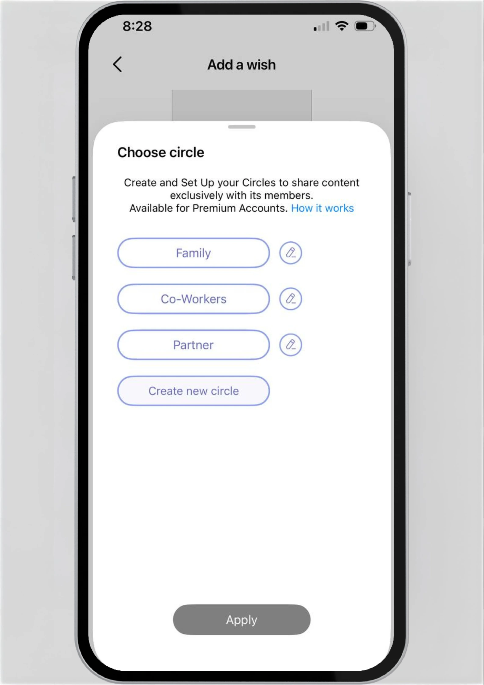Visibility settings showing Public, Private, and Circles options